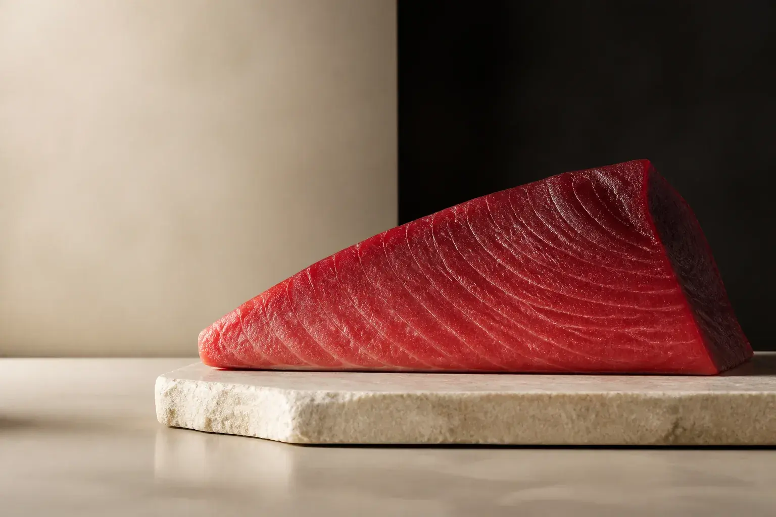 Illustrative image of a deep-red tuna loin on pale stone