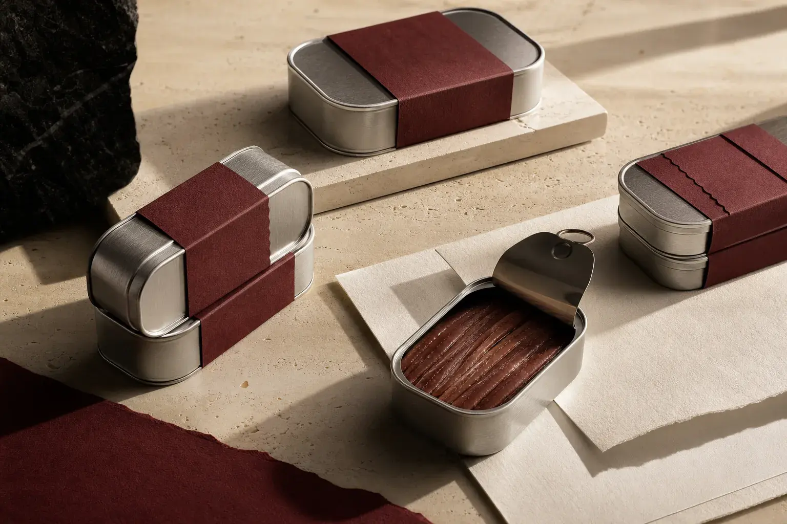 Illustrative image of unbranded premium seafood tins