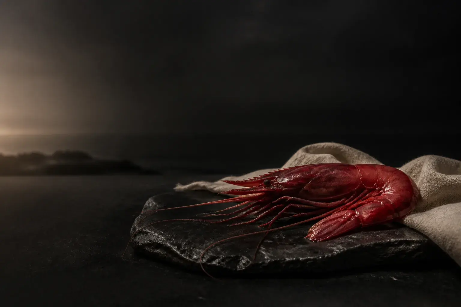 Carabinero prawn on a dark surface